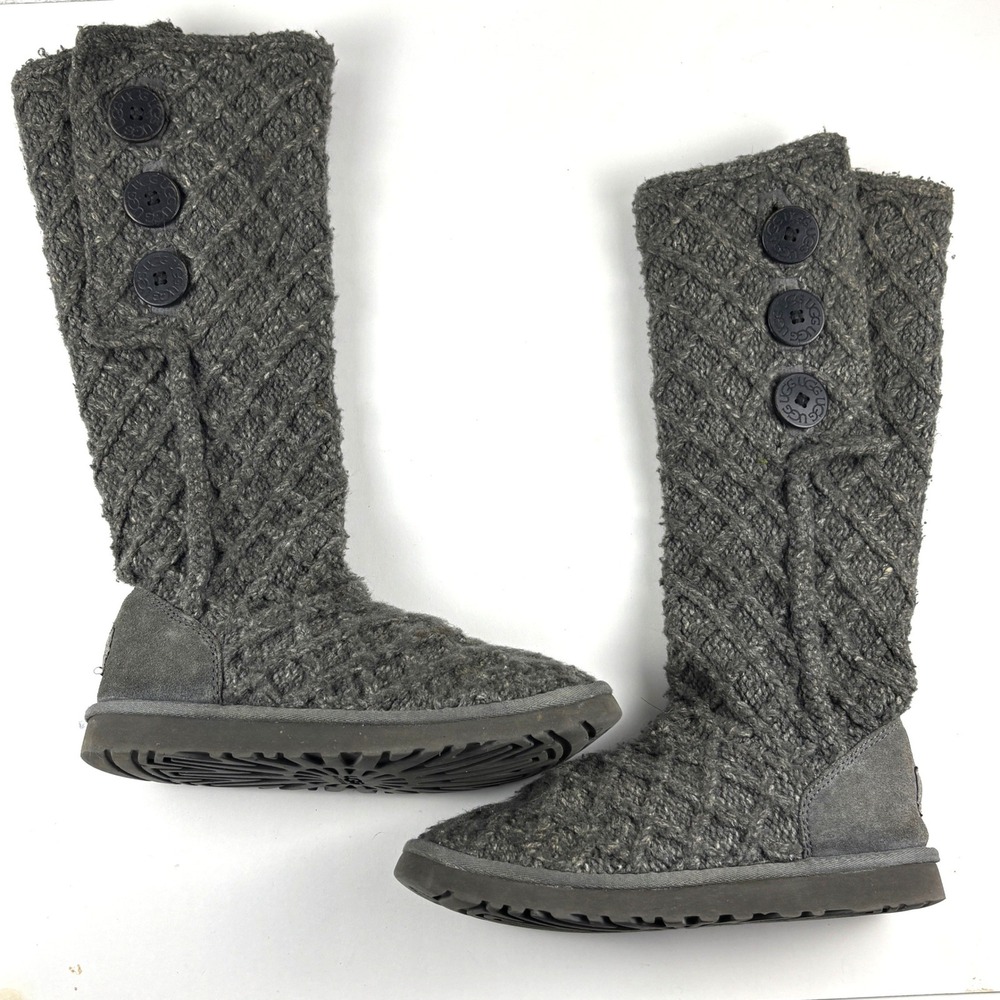 UGG Lattice Cardy Boots Women 7 Grey Knit Button Tall 3066 Cottagecore Cabincore